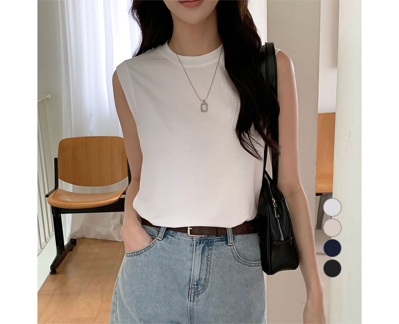AFINAR 찰랑 레이온 민소매 라운드넥 티셔츠