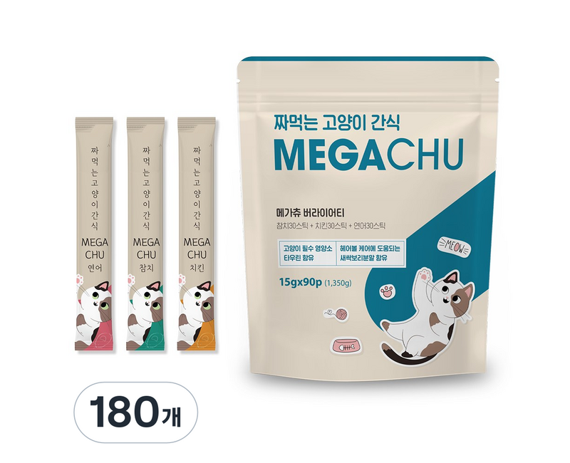 메가츄 짜먹는 고양이 간식 츄 90스틱 대용량, 2개